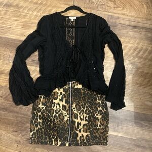 Y2K Peach Black Lace ruffle Top and Leopard Print Skirt small set